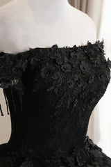 Long Sleeve Wedding Dress, Black Tulle Lace Off the Shoulder Prom Dress, Black A-Line Evening Dress