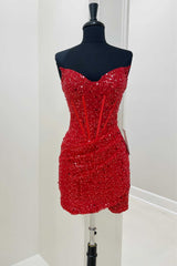 Prom Dresses For Chubby Girls, Red Sequined Sheath Mini Homecoming Dress Club Dresses