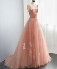 Prom Dress Dresses, Pink V Neck Tulle Long Prom Dress, Tulle Evening Dress