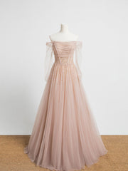 Prom Dresses Princesses, Champagne Pink Tulle Beads Long Prom Dress, Champagne Evening Dress