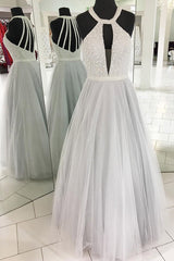 Dress Short, Gray A Line Floor Length Halter Sleeveless Beading Prom Dresses