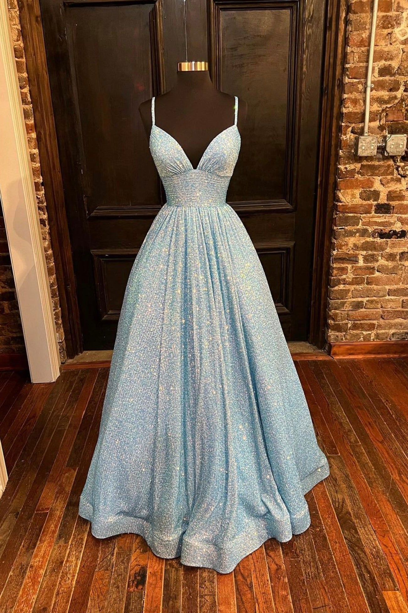 Prom Dresses Size 27, Blue V-Neck Sequins Long Prom Dresses, A-Line Evening Dresses