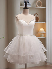 Prom Dresses Long Ball Gown, White Spaghetti Strap Tulle Short Prom Dress, Cute A-Line Party Dress