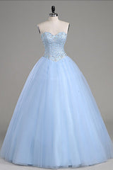 Party Dress For Summer, Light Blue Ball Gown Floor Length Sweetheart Strapless Sleevless Beading Prom Dresses