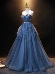 Formal Dress Suits For Ladies, Blue Sweetheart Neck Tulle Long Prom Dress, Blue Evening Dress