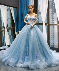 Long Gown, Blue Off Shoulder Tulle Lace Long Prom Gown Blue Evening Dress