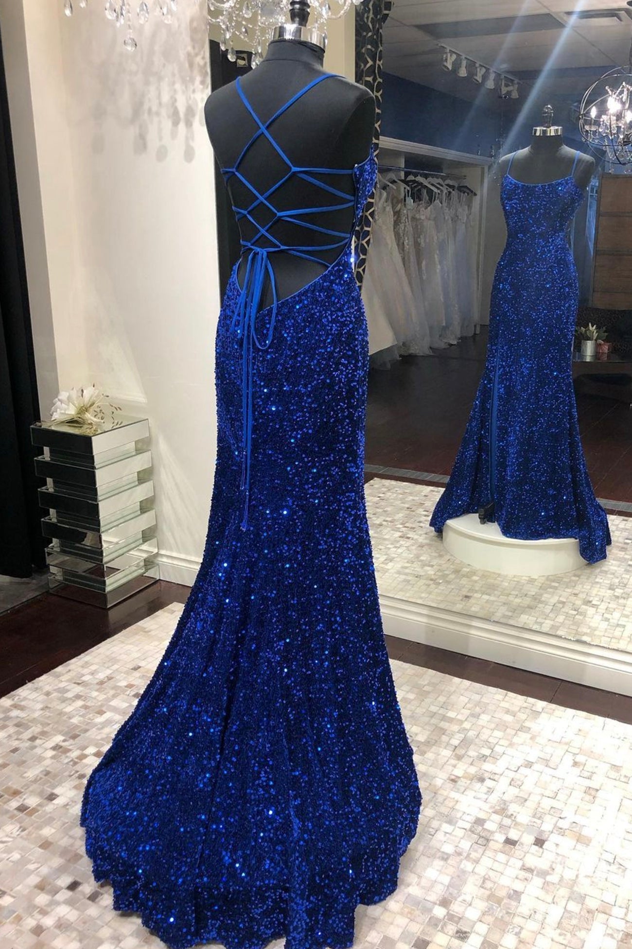 Party Dress Ideas, Mermaid Sequins Long Prom Dresses, Blue Backless Evening Dresses