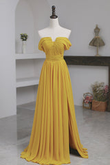 Prom Dress Tulle, Yellow Chiffon Long Prom Dress, A-Line Off the Shoulder Evening Dress