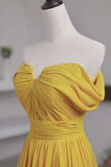 Prom Dresses Tulle, Yellow Chiffon Long Prom Dress, A-Line Off the Shoulder Evening Dress