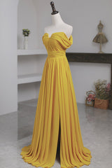 Prom Dress Blue, Yellow Chiffon Long Prom Dress, A-Line Off the Shoulder Evening Dress