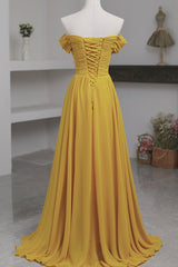 Prom Dresses Blues, Yellow Chiffon Long Prom Dress, A-Line Off the Shoulder Evening Dress