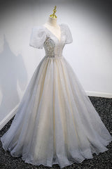 Party Dresses Classy Elegant, Grey V-Neck Tulle Beading Long Prom Dresses, A-Line Evening Dresses