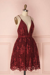 Homecoming Dresses Green, Burgundy V-Neck Lace Short Backless Prom Dress, Cute Lace Party Dress