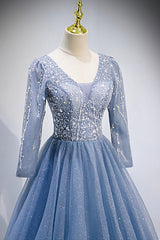 Prom Dress With Shorts, Blue V-Neck Tulle Beading Long Prom Dresses, Long Sleeve Evening Dresses