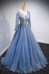 Prom Dresses With Short, Blue V-Neck Tulle Beading Long Prom Dresses, Long Sleeve Evening Dresses