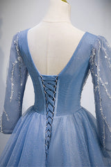 Prom Dresses With Shorts, Blue V-Neck Tulle Beading Long Prom Dresses, Long Sleeve Evening Dresses