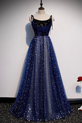 Prom Dress And Boots, Blue Tulle Long A-Line Prom Dresses, Blue Evening Party Dresses