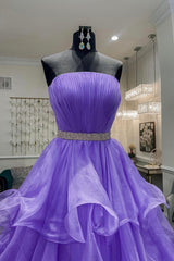 Bridesmaid Dress On Sale, Purple Strapless Organza Long Prom Dress, Princess Quinceanera Dresses