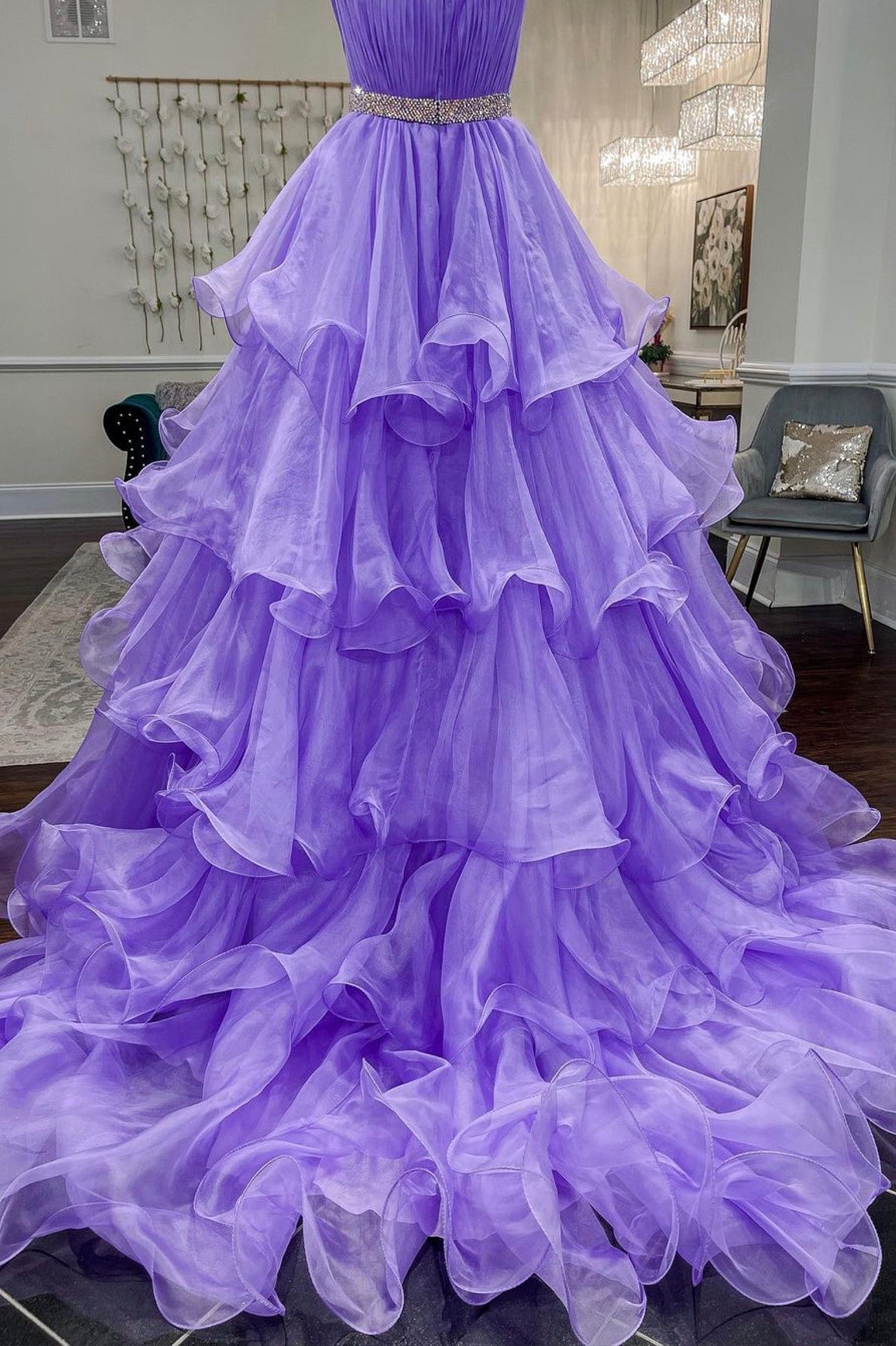 Bridesmaids Dresses Spring, Purple Strapless Organza Long Prom Dress, Princess Quinceanera Dresses