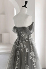 Formal Dresses Lace, Gray Tulle Lace Long Prom Dress, A-Line Off the Shoulder Evening Dress