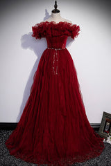 Prom Dress Ideas, Burgundy Tulle Long Prom Dresses, A-Line Off the Shoulder Evening Party Dresses