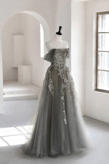 Formal Dresses For Weddings, Gray Tulle Lace Long Prom Dress, A-Line Off the Shoulder Evening Dress