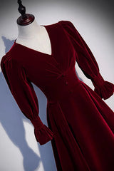 Homecoming Dress Sweetheart, Burgundy Velvet Long Prom Dresses, A-Line Long Sleeve Evening Dresses