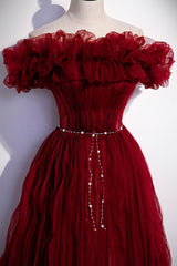 Prom Dresses Short, Burgundy Tulle Long Prom Dresses, A-Line Off the Shoulder Evening Party Dresses