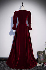 Homecoming Dresses For Middle School, Burgundy Velvet Long Prom Dresses, A-Line Long Sleeve Evening Dresses