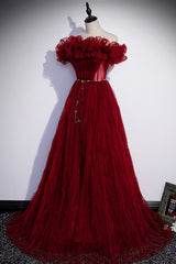 Prom Dresses Long, Burgundy Tulle Long Prom Dresses, A-Line Off the Shoulder Evening Party Dresses