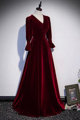 Homecoming Dresses Sweetheart, Burgundy Velvet Long Prom Dresses, A-Line Long Sleeve Evening Dresses