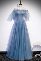 Pink Prom Dress, Blue Tulle Beading Long Prom Dresses, A-Line Evening Party Dresses