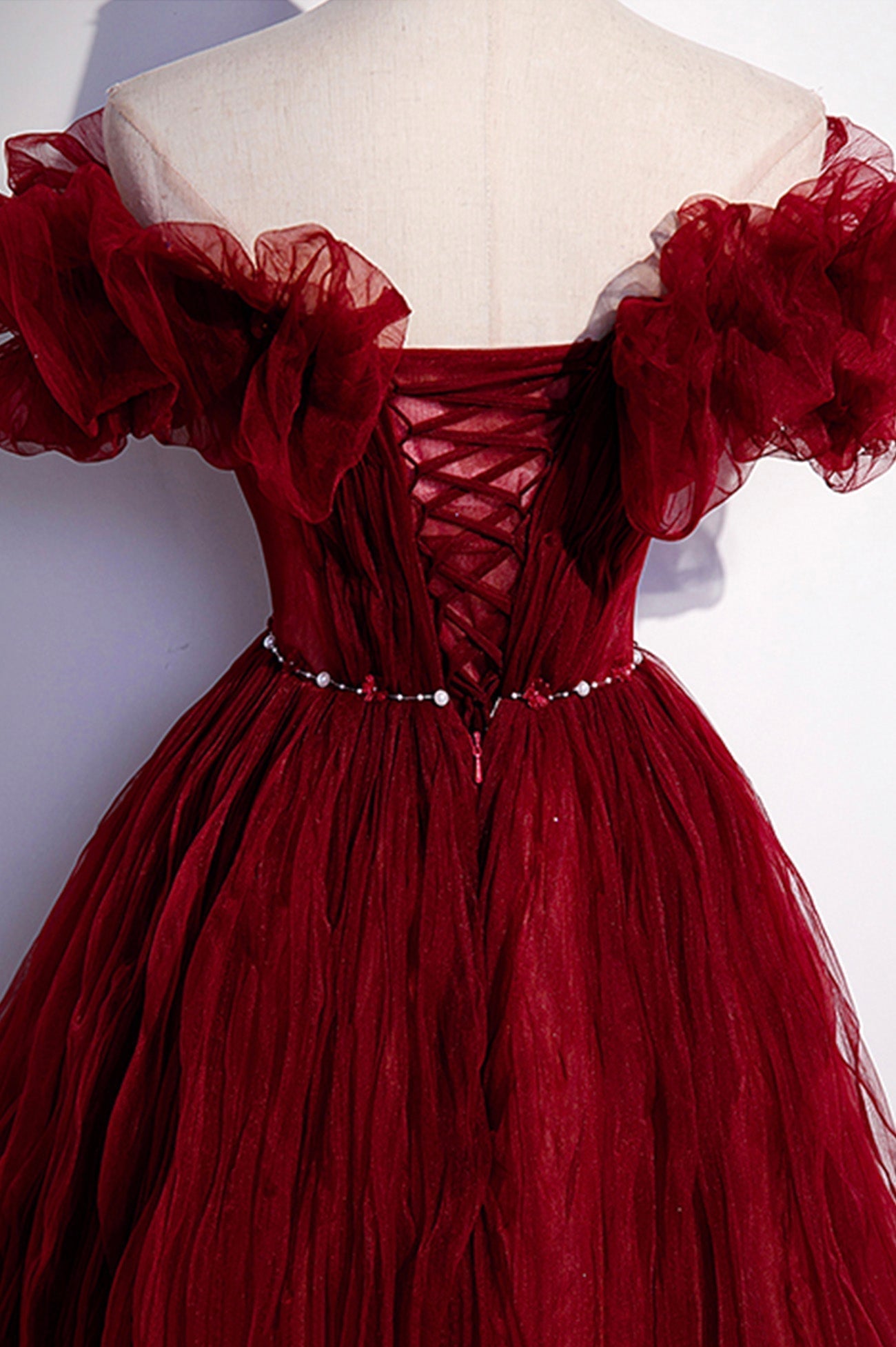 Prom Dress Ideas, Burgundy Tulle Long Prom Dresses, A-Line Off the Shoulder Evening Party Dresses