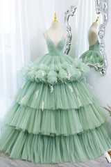 Party Dresses Summer Dresses 2034, Green V-Neck Layers Tulle Long Ball Gown, A-Line Formal Gown