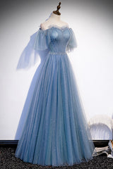 Hoco Dress, Blue Tulle Beading Long Prom Dresses, A-Line Evening Party Dresses