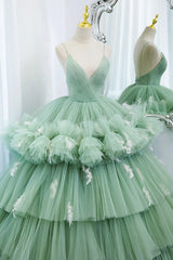 Party Dress Sleeves, Green V-Neck Layers Tulle Long Ball Gown, A-Line Formal Gown