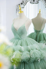 Party Dresses Sleeves, Green V-Neck Layers Tulle Long Ball Gown, A-Line Formal Gown