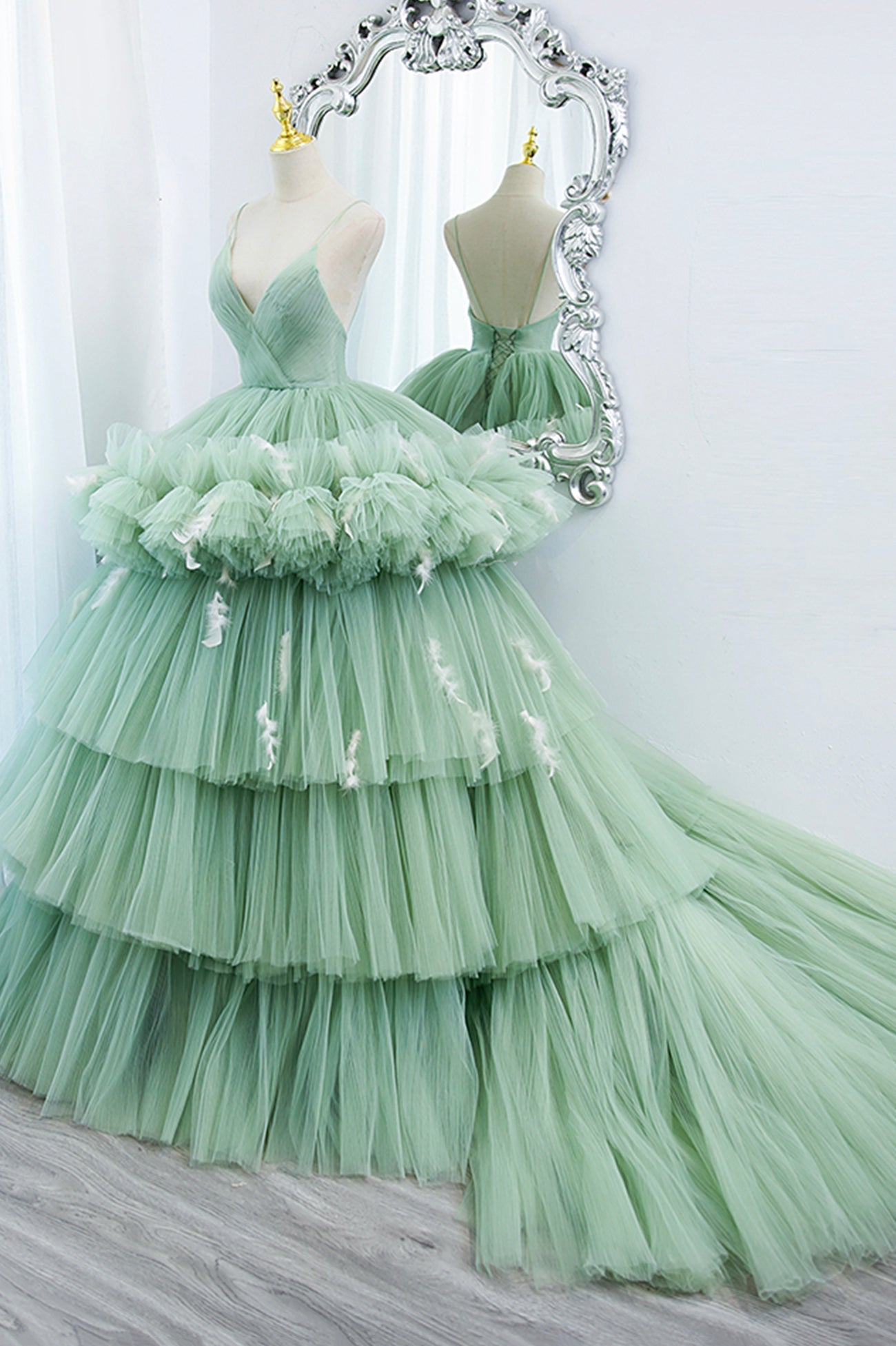 Party Dress Sleeve, Green V-Neck Layers Tulle Long Ball Gown, A-Line Formal Gown