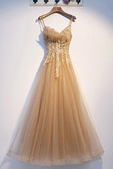 Prom Dressed Short, Yellow Tulle Lace Long Prom Dress, A-Line Lace Evening Dress