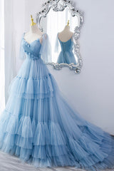 Party Dress Website, A-Line Tulle Long Prom Dresses, V-Neck Spaghetti Strap Long Princess Dresses