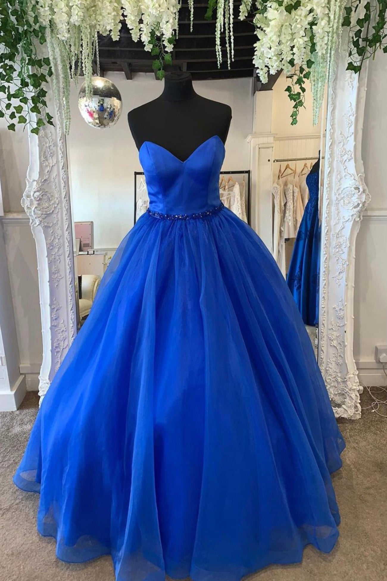 Yellow Prom Dress, Blue Strapless Tulle Long Prom Dresses, A-Line Evening Dresses