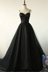 Mismatched Bridesmaid Dress, Black A-Line Spaghetti Strap Long Prom Dresses, Black Evening Dresses