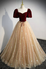 Formal Dress With Sleeve, Cute Velvet Tulle Long Prom Dress, A-Line Evening Dress