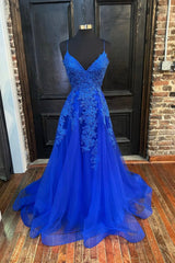 Wedding Dress, Blue Tulle Lace Long Prom Dress, V-Neck Formal Evening Dress