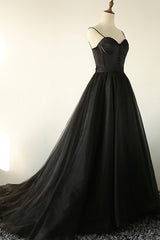 Midi Dress, Black A-Line Spaghetti Strap Long Prom Dresses, Black Evening Dresses