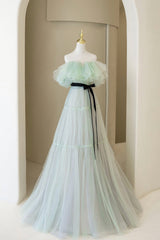 Party Dress Short Tight, Green Tulle Floor Length Prom Dress, A-Line Off Shoulder Evening Dress