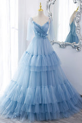 Party Dresses Websites, A-Line Tulle Long Prom Dresses, V-Neck Spaghetti Strap Long Princess Dresses