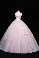 Party Dresses 2035, Lovely Pink Tull Applique Ball Gown Formal Dress, Pink Sweet 16 Dress