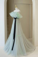 Party Dresses Short Tight, Green Tulle Floor Length Prom Dress, A-Line Off Shoulder Evening Dress