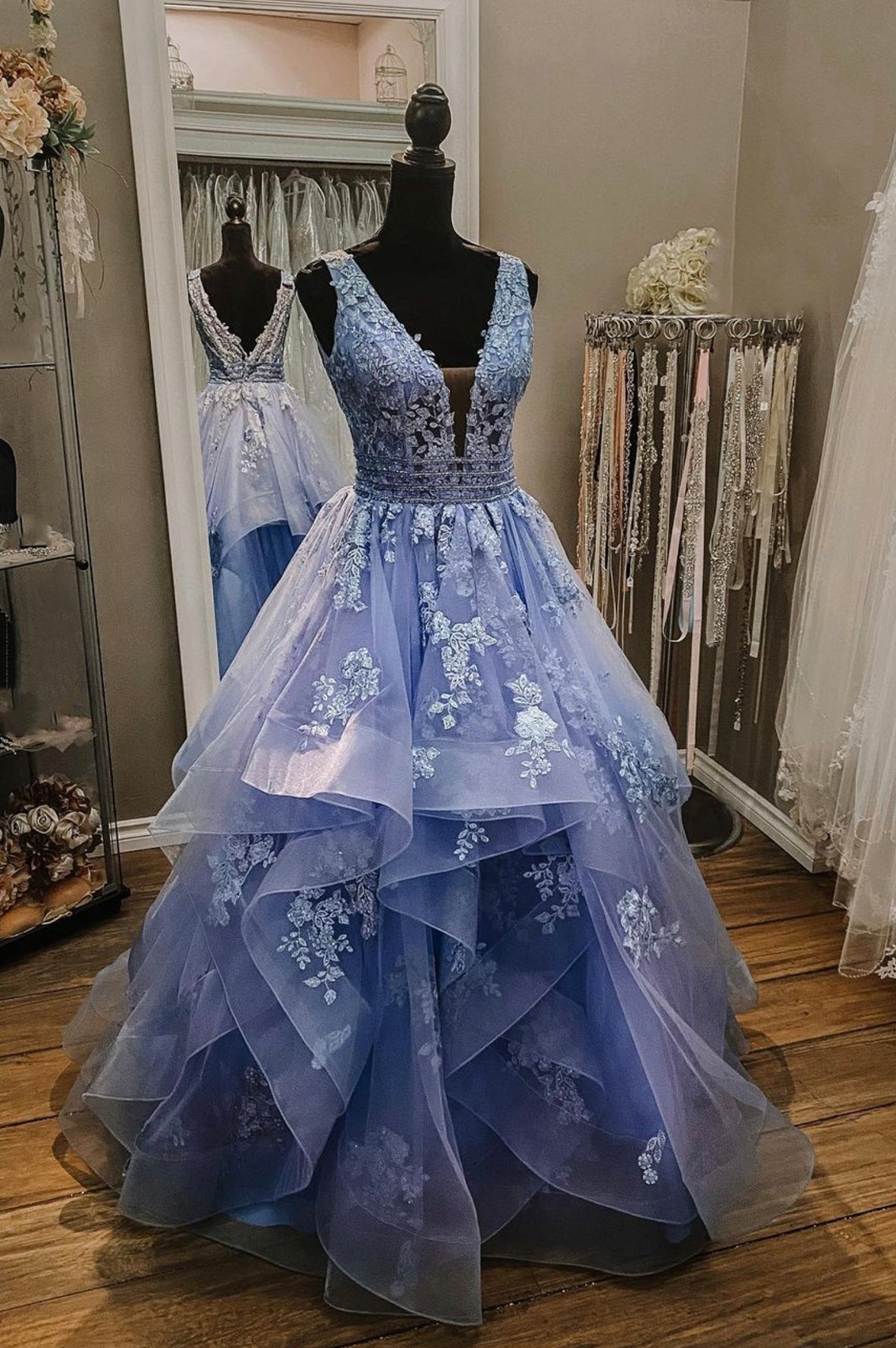 Prom Dress Trends 2036, Blue V-Neck Tulle Lace Long Prom Dresses, A-Line Evening Dresses